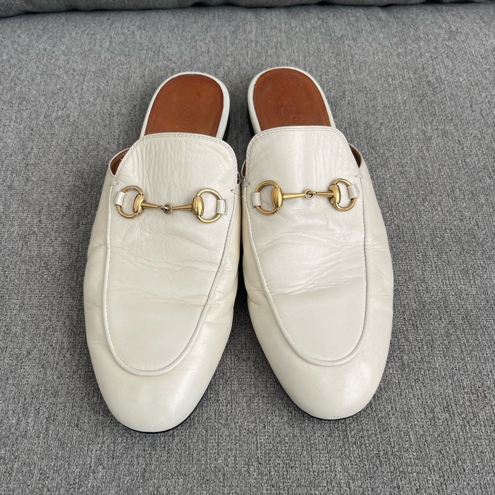 Gucci Women’s Princetown Slipper Horsebit Accent Leather Mules Size 8 White